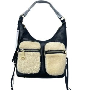 Aimee Kestenberg Car-Go Black Leather Hobo Bag, Shearling Pockets, NWT